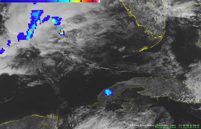 GOES-16 composite from February 1, 2019. A compact blue and cyan GLM group over western Cuba is identified by NASA as meteor activity. A separate larger group over the ocean at upper left is identified as lightning.