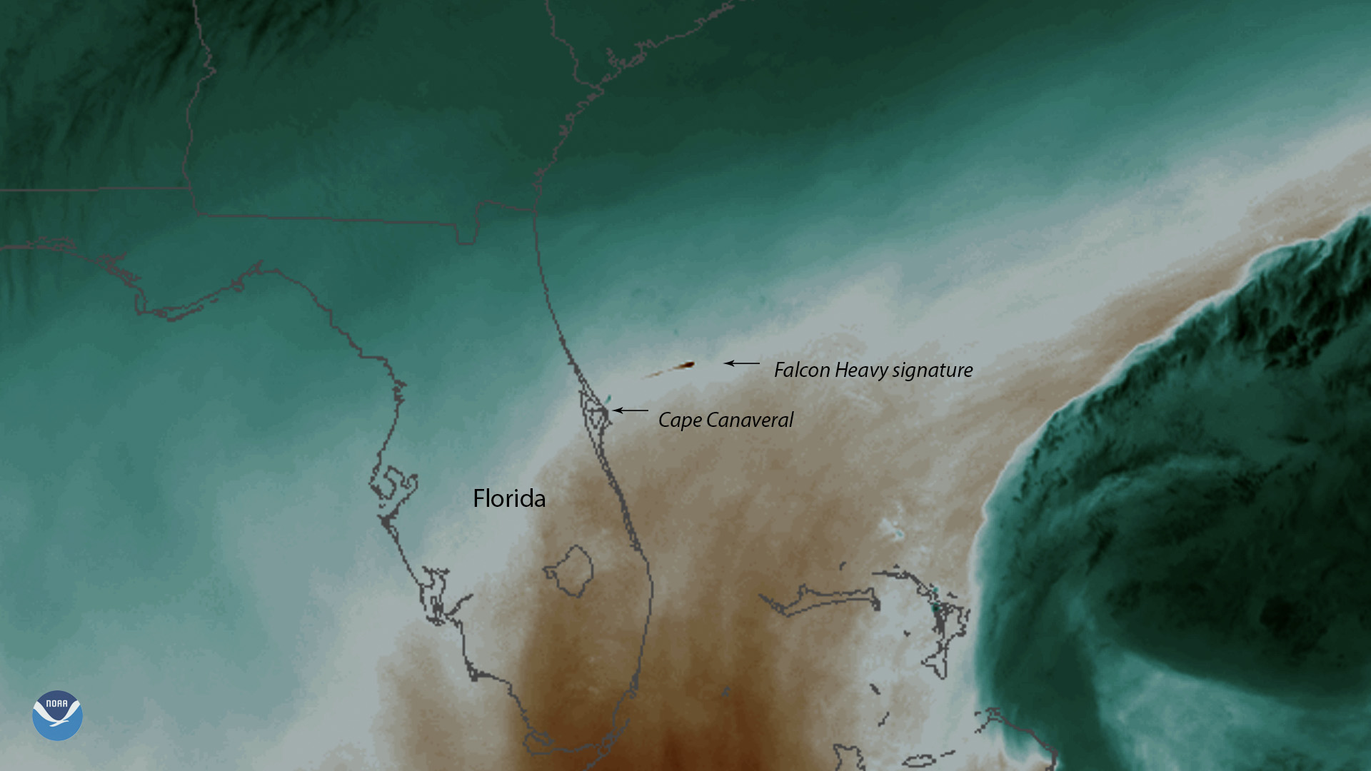 NOAA water-vapor image over Florida with original arrows identifying Cape Canaveral and a small dark streak offshore labeled Falcon Heavy signature. The image contains no numeric temperature legend.