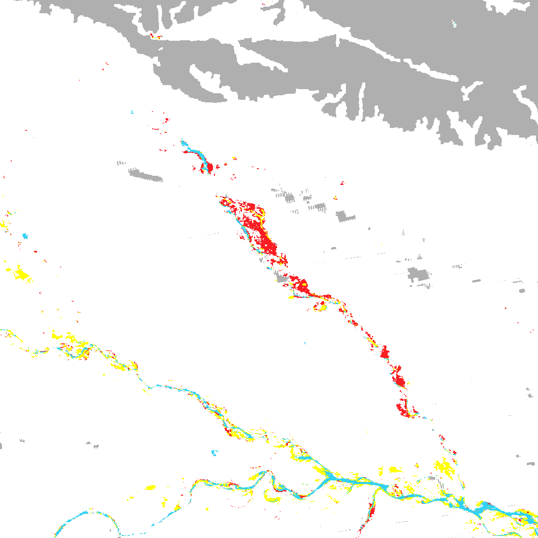 Original NASA GIBS two-day flood-class rendering for the Gandak-region sample, ending September 29, 2026. Red marks flood-class pixels; gray marks insufficient data.