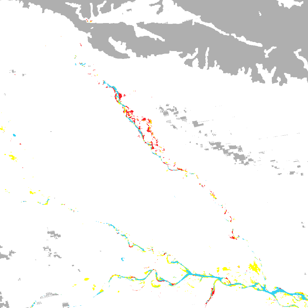Original NASA GIBS three-day flood-class rendering for the same Gandak-region sample and September 29, 2026 ending date, with fewer red flood-class pixels and gray insufficient-data areas.