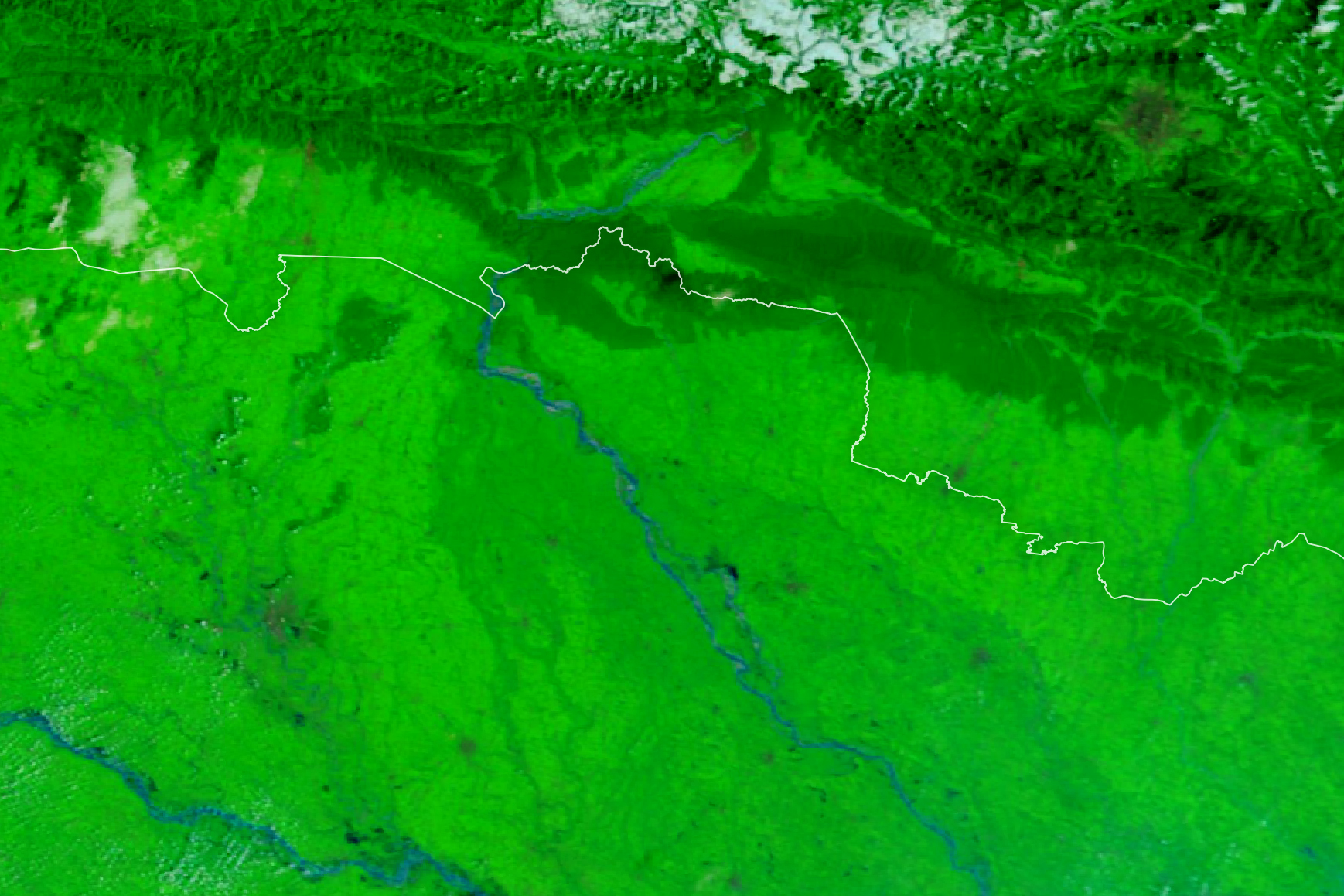 False-color Terra MODIS image of the Gandak River region on September 20, 2026, before the late-September flooding, with green vegetation and narrow blue water channels.
