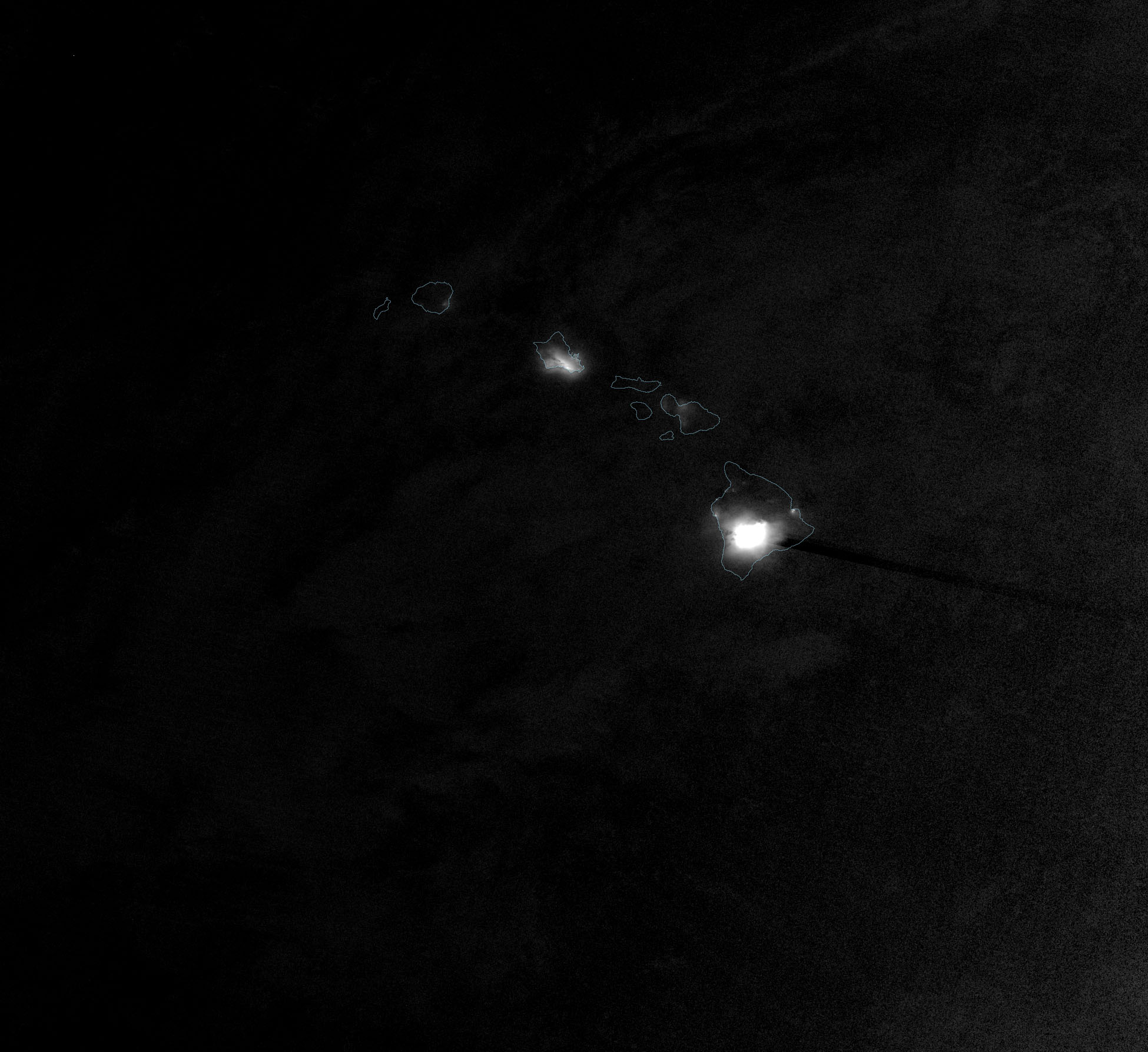 Hawaii at night on November 28, 2022. Bright light over Mauna Loa is followed by a dark streak extending southeast along the scan.
