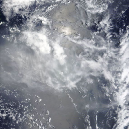 Actual NASA GIBS MODIS Terra true-color regional rendering for the requested date 15 January 2022: textured white and gray cloud cover over dark ocean within the longitude 180 to 170 degrees west, latitude 25 to 15 degrees south request.