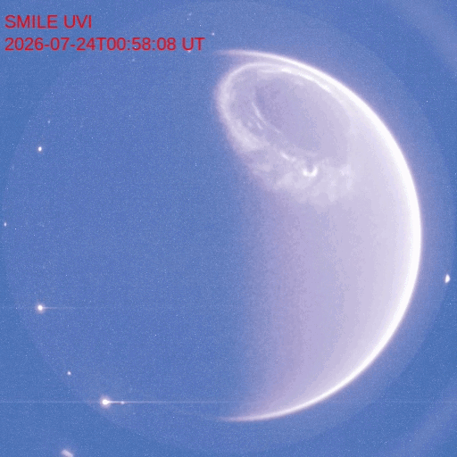 Ultraviolet still from Smile’s 24 July 2026 sequence, showing the northern auroral oval and a bright limb of Earth. The displayed label reads 00:58:08 UT.